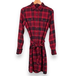 Woolrich Dress Womens Small Red Flannel Midi Tartan Plaid Roll Sleeve Western